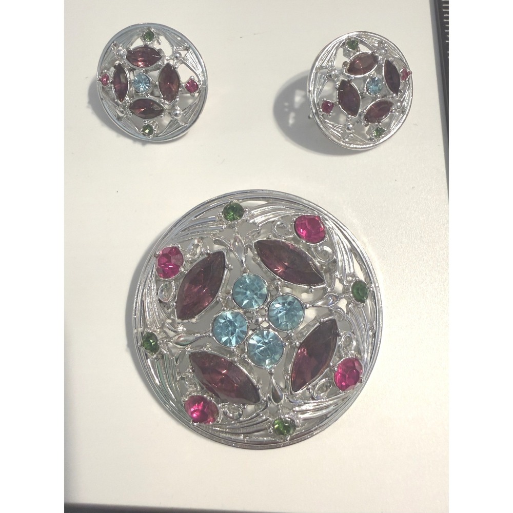 Vintage Sarah Coventry Springtime Brooch Clip On Earring Set Silver Tone Multi